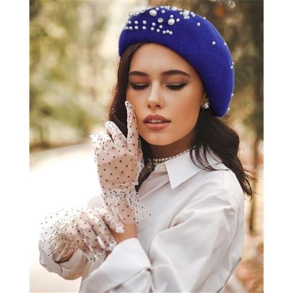Women\'s French Wool Beret with Pearl & Rhinestone Embellishments Beanie Cap main image 4